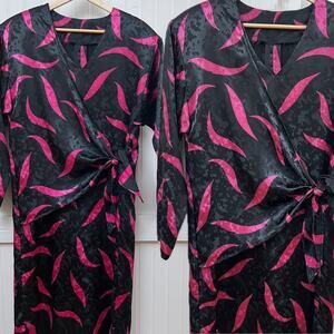 Vintage Silky Wrap Dress Black Hot Pink Abstract Swirl Print Long Sleeve V-Neck